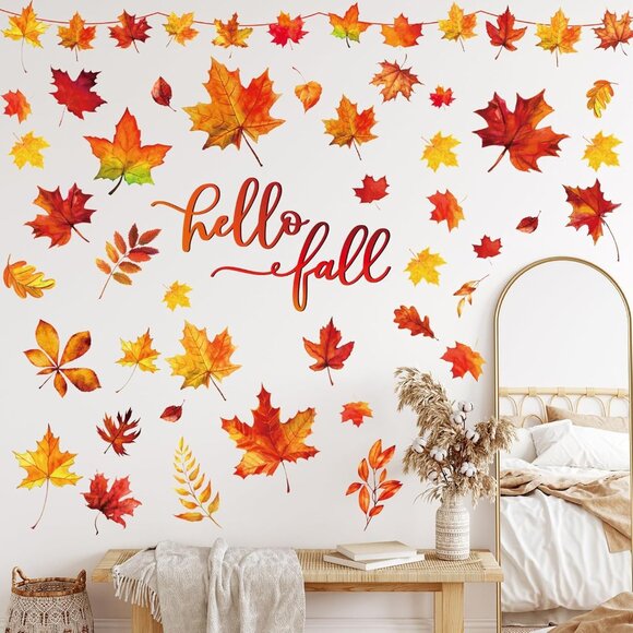9 Sheets Fall Wall Decor Stickers Hello Fall Maple Leaves Wall Decals Small Room - Picture 1 of 7